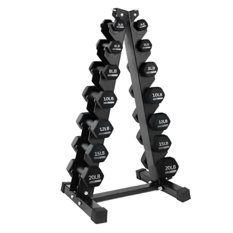 Neoprene Hexagon Dumbbell Set with Storage Rack for home gym, black, durable non-slip grip and space-saving design