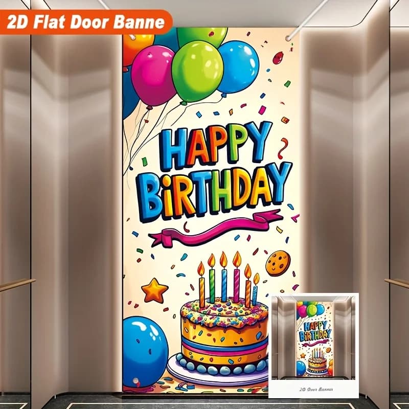 1 pezzo di tenda per porta a tema 2D piatta, decorazione festiva con palloncini a forma di torta di compleanno, decorazione per interni ed esterni