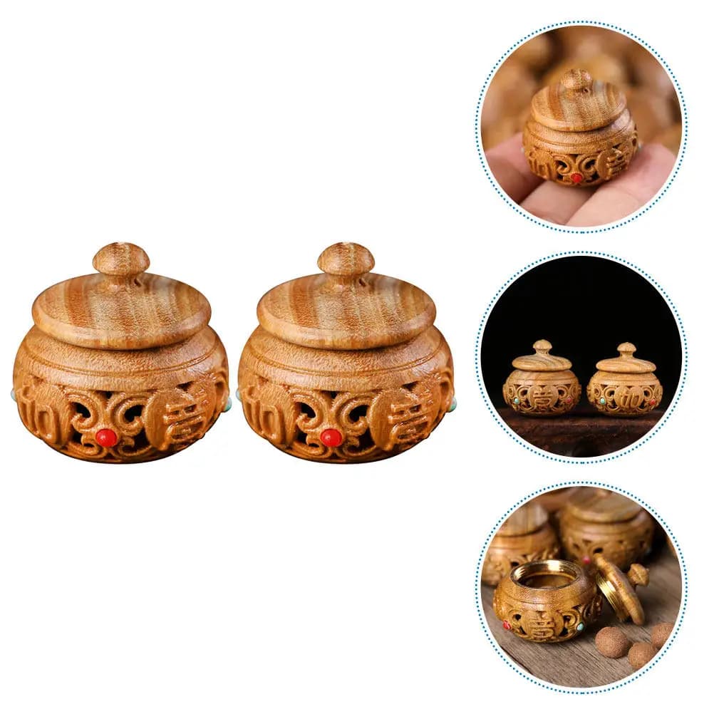 2Pcs Handcrafted Carved Wood Aroma Diffuser Bottle Hollow Center for Essential Oil Beads Air Freshener Car Home Office Scent