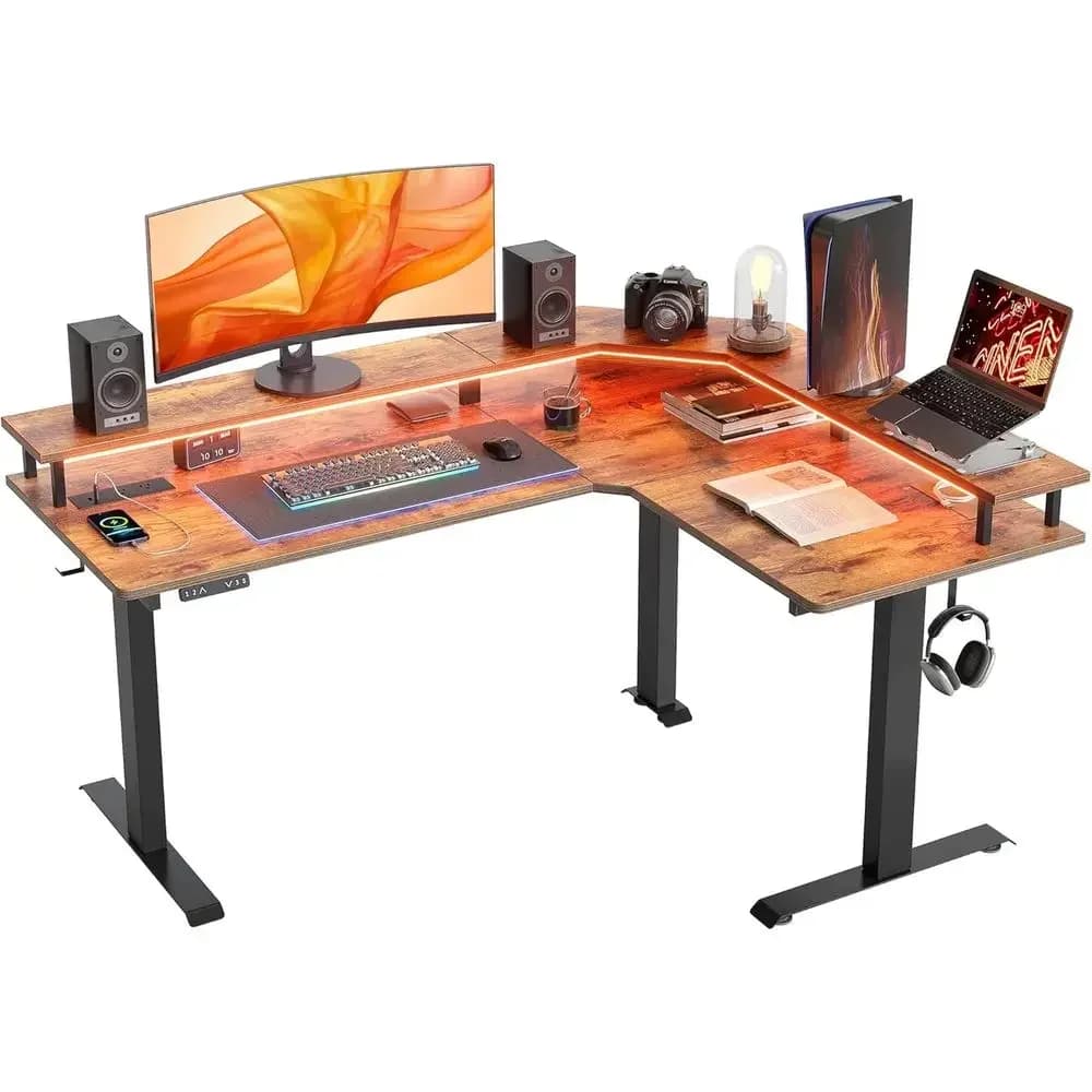 63 Triple Motor L-Shaped Adjustable Desk with LED & Outlets, Ergonomic Standing Gaming Desk, Rustic Brown/Black