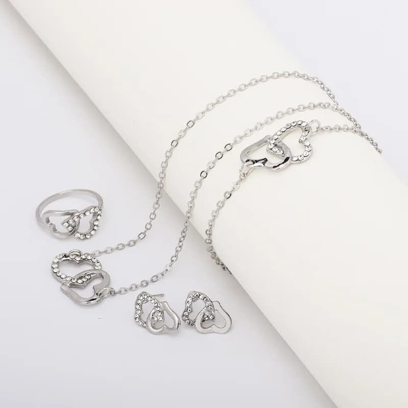 Set da 5 pezzi set di gioielli a forma di cuore color oro di orecchini ad anello collana per donna eleganza strass