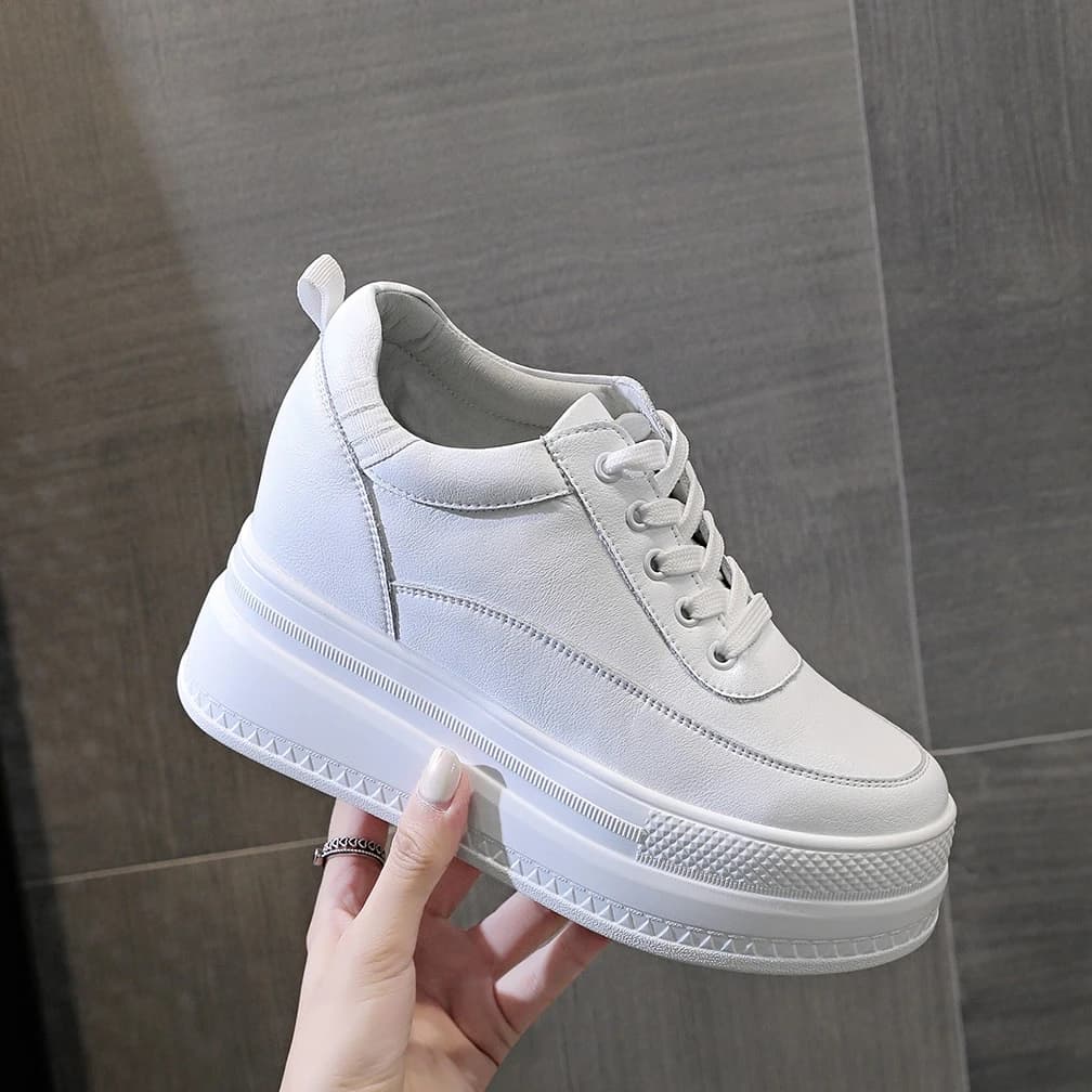 Women's White Platform Sneakers Casual Breathable Lace-Up Shoes with Hidden Height Wedge All-Season Walking Comfort Heels