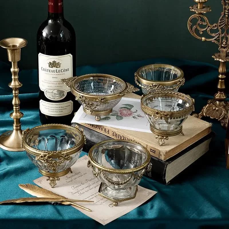 Brass Glass Snack Candy Bowl, Retro European Court Style Decorative Tableware for Dried Fruit Storage