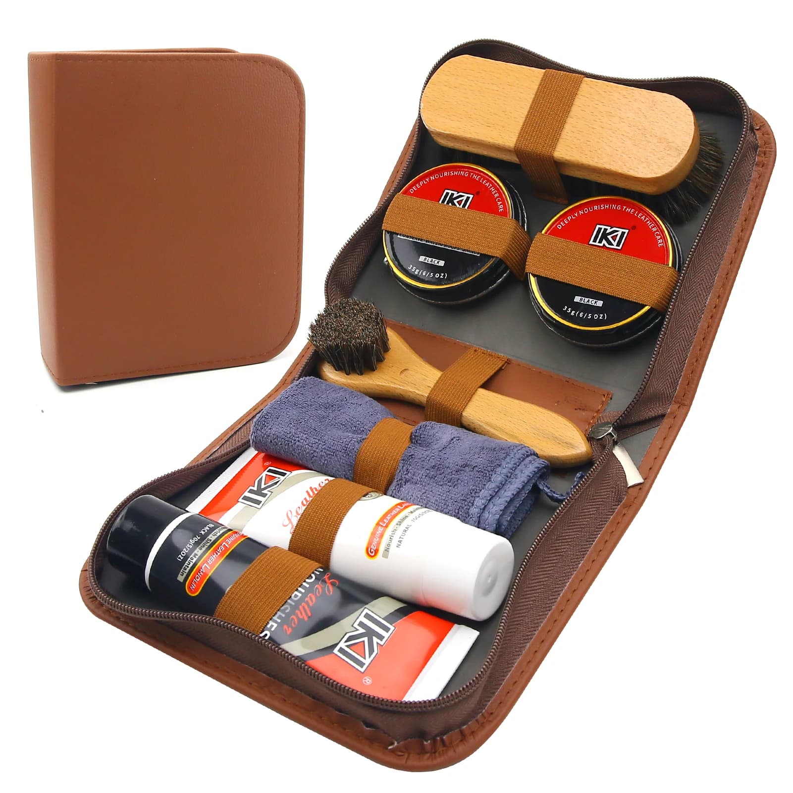 Kit Completo per la Cura delle Scarpe in Pelle Premium - Lanolina Incolore e Nera, Cera per Scarpe, 2 Spazzole in Crine di Cavallo, Panni in Flanella e Microfibra