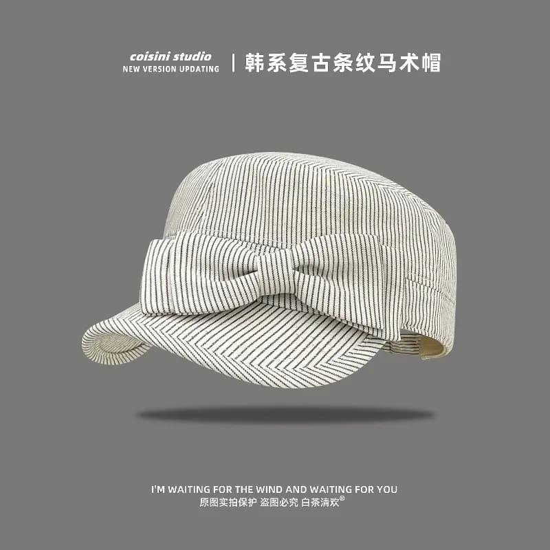 Spring and Summer New Retro Striped Bow Flat-topped Baseball Caps for Women Street Fashion Sunscreen Versatile Equestrian Hat
