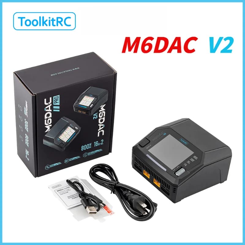 Caricabatterie ToolkitRC M6DAC V2 per Auto RC, Doppio Canale PD65W, Ricarica Rapida per Batterie LiHV 1-6S per Droni da Corsa RC