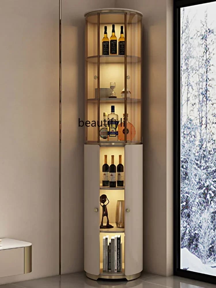 X Light Luxury Triangle Wine Cabinet Soggiorno Parete ad angolo Vetrina in acciaio inossidabile Vetrina portaoggetti Mobili in legno massello di vetro