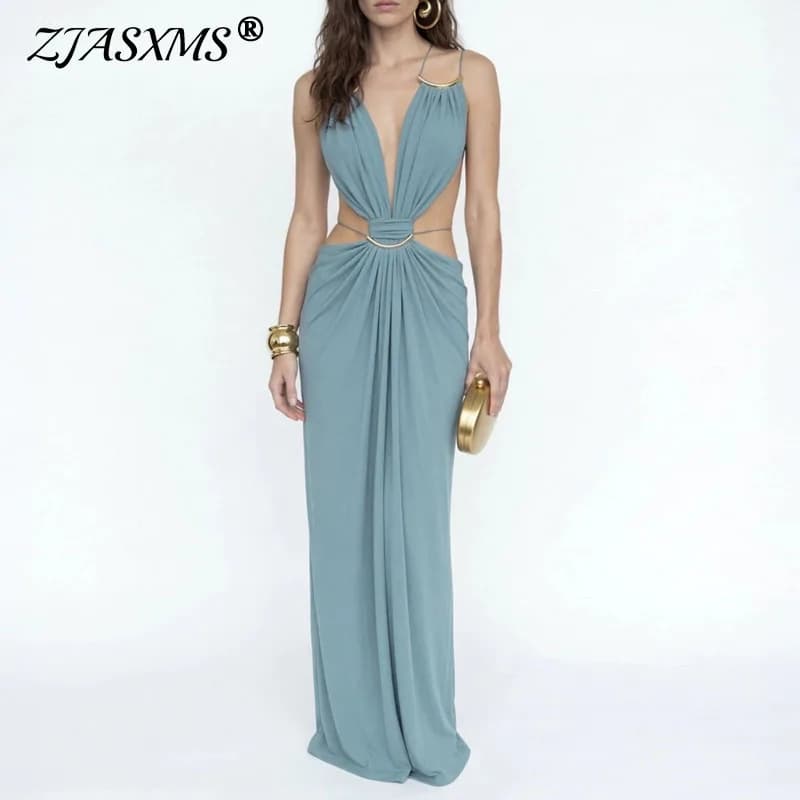 Boho Sexy Halter Cutout Maxi Dresses Spring Solid Metal Chain Waist Party Gowns for Woman Summer Sleeveless Beach Vacation Dress