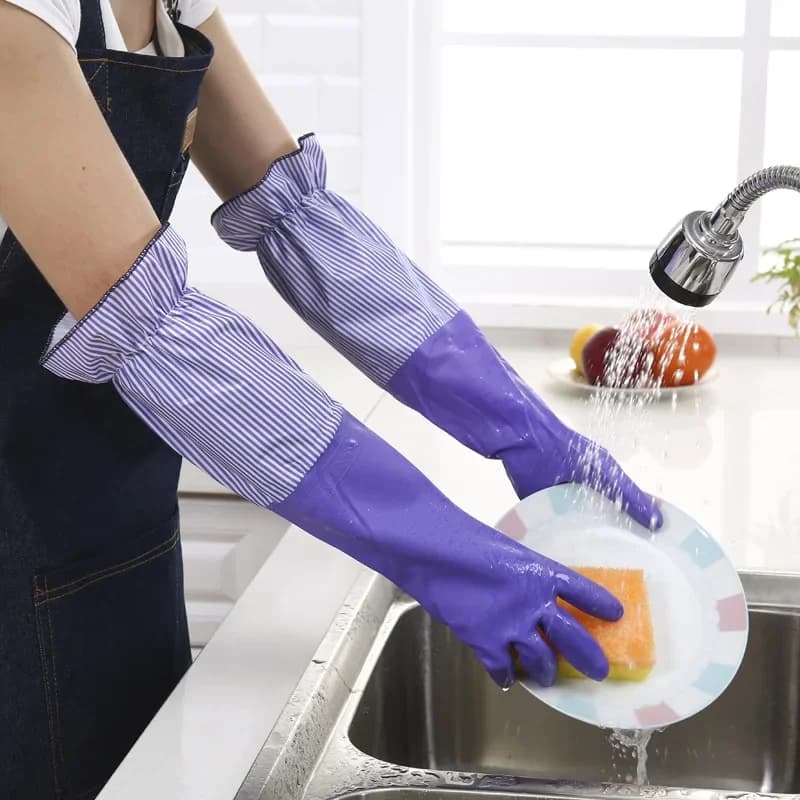 Guanti per lavare i piatti Pulizia Gomma Durevole Per uso domestico Guanti da donna a lungo ispessimento Manica Guanto floreale Kit impermeabile