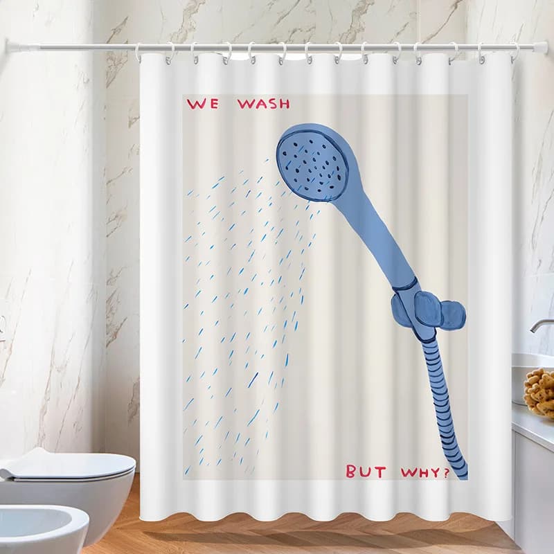 Cream Style Digital Print Polyester Waterproof Shower Curtain Light Blue Bathroom Partition