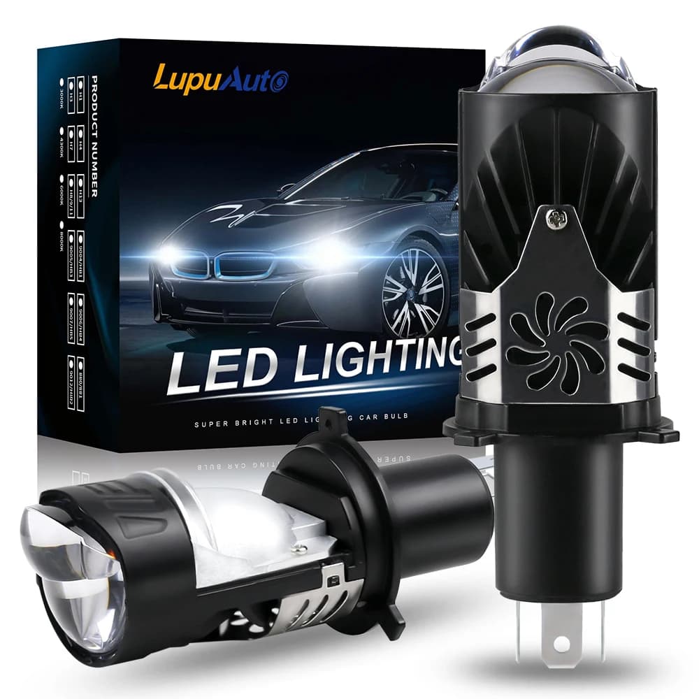 2 pz. Lampada LED H4 a doppia lente, Mini Faro H4 con Lente Laser ad Alta Potenza per Auto, Abbaglianti e Anabbaglianti, Proiettore Canbus con Ventola Turbo