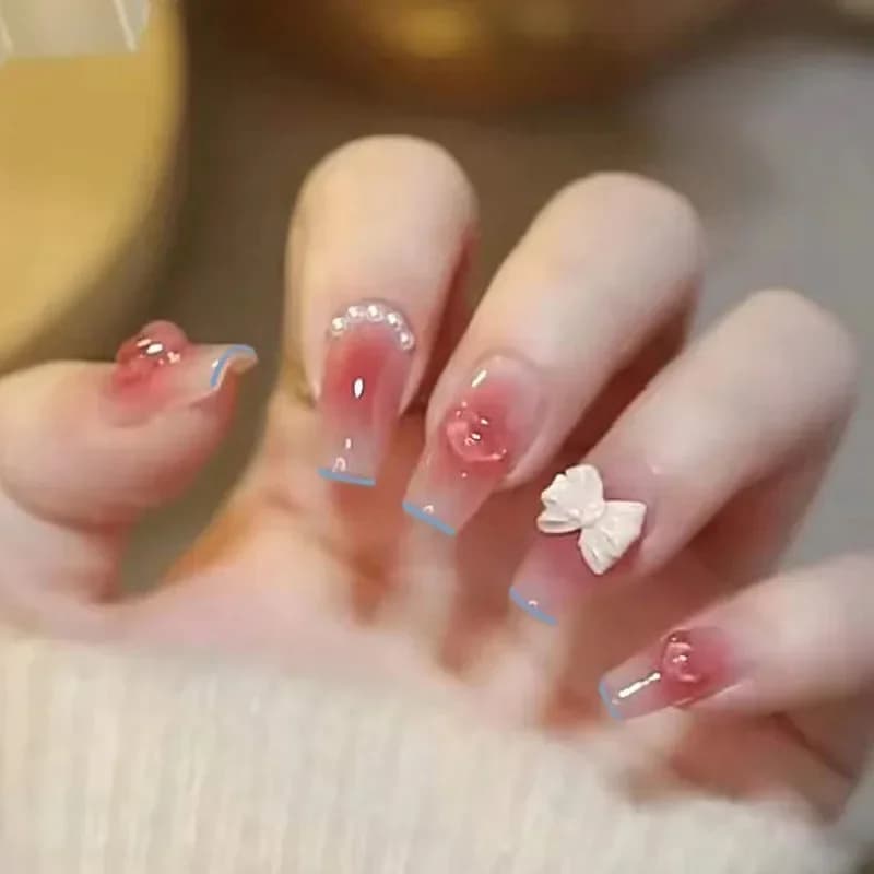 24 Pz/set Fins Art Arch Pearl Artificial Love Head Square Nail Tips French Women Long Ballet Fins Nail Presses on Nails