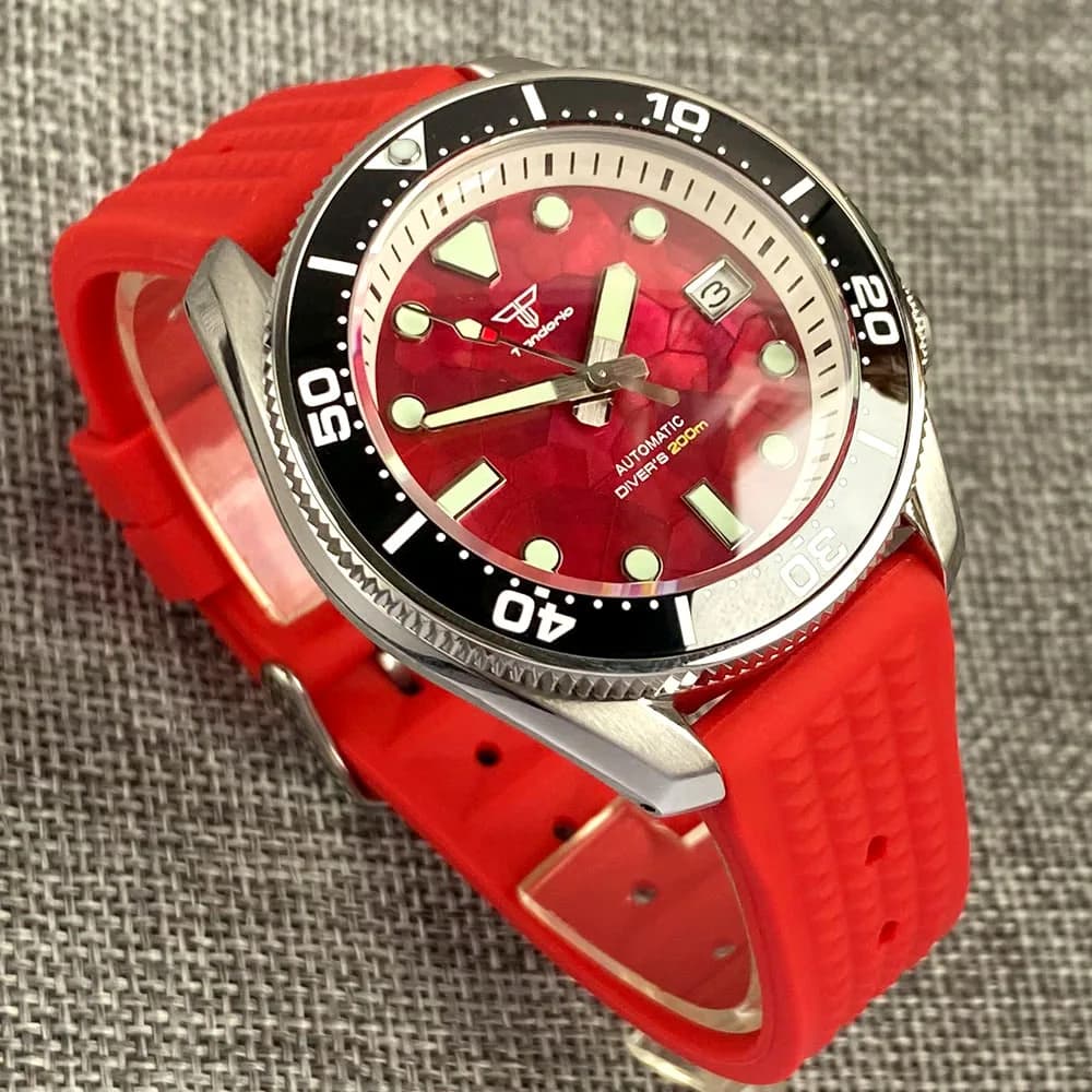 200M Resistente all'acqua Lusso Tandorio 42,5mm SBDX001 MM300 Quadrante conchiglia rossa Indice lume Zaffiro Diver NH35 Orologio meccanico da uomo