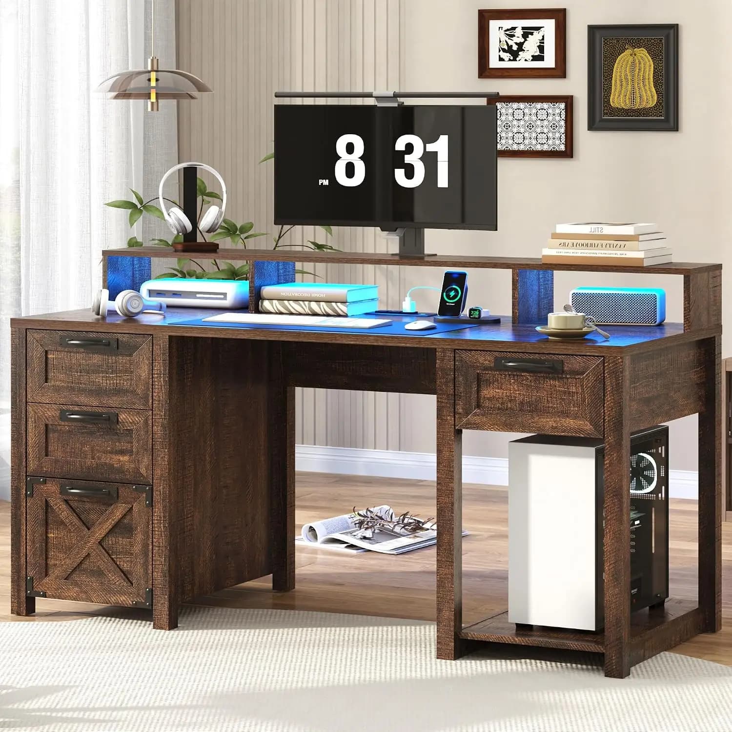 Farmhouse Computer Desk with 4 Drawer & Power Outlet & LED Light, Wood Home Office Desk with Monitor Stand, 59", Customized