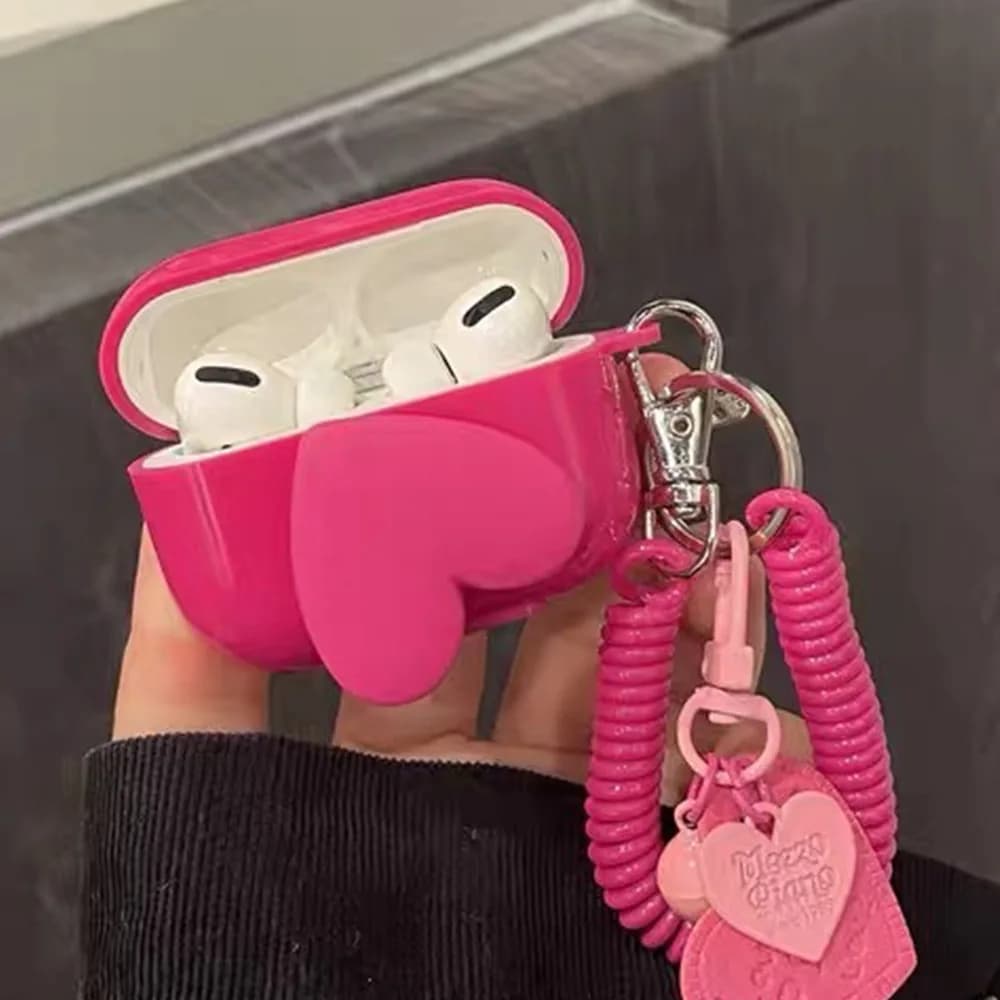 Silicone Pink Heart Pendant Earphone Case for Apple AirPods 1/2 3 4 Pro AirPod Cute Square Headset Protective Cover Love Keyring