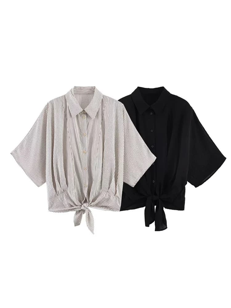 Camicie e Bluse Estive da Donna 2026, Top Elegante a Righe con Colletto e Fiocco, Abbigliamento Femminile alla Moda