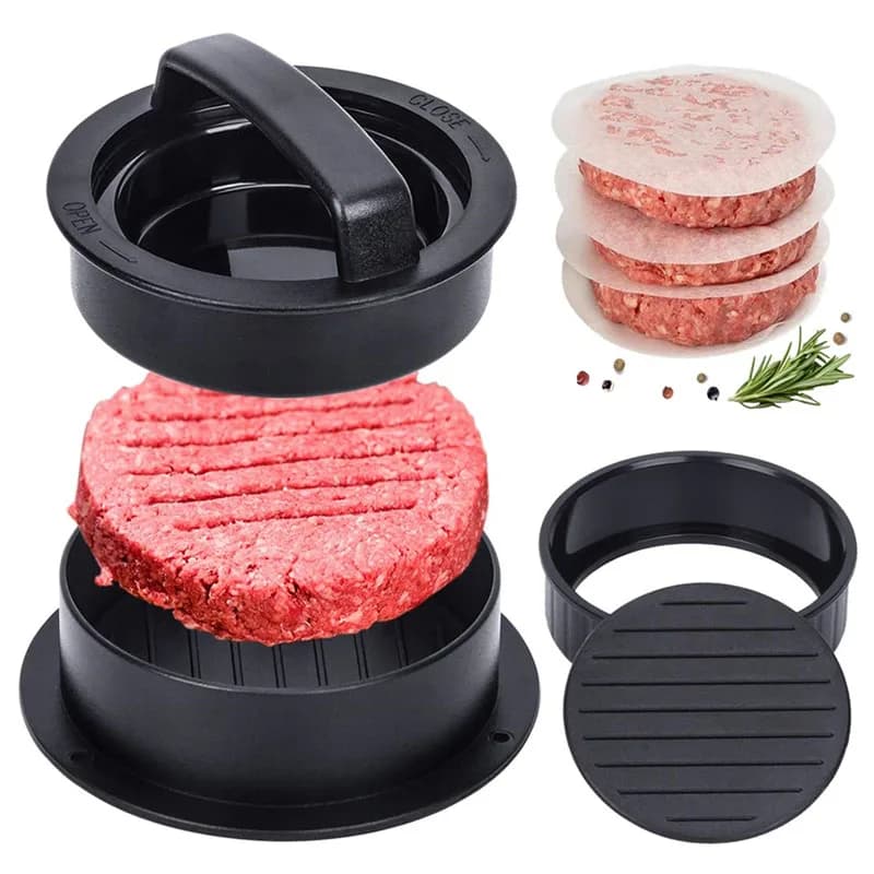 Burger Press Patty Maker Anelli Stampi Kit Stampo per hamburger antiaderente con 100 fogli di carta per patty di cera per griglia Piastra per barbecue