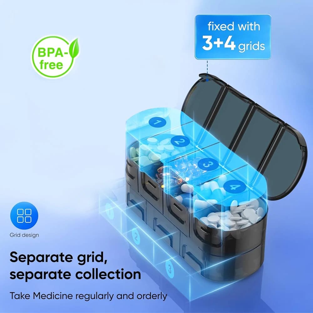 7-day napkin: weekly vitamin case with large fish oil compartments, supplements and daily storage of medicines