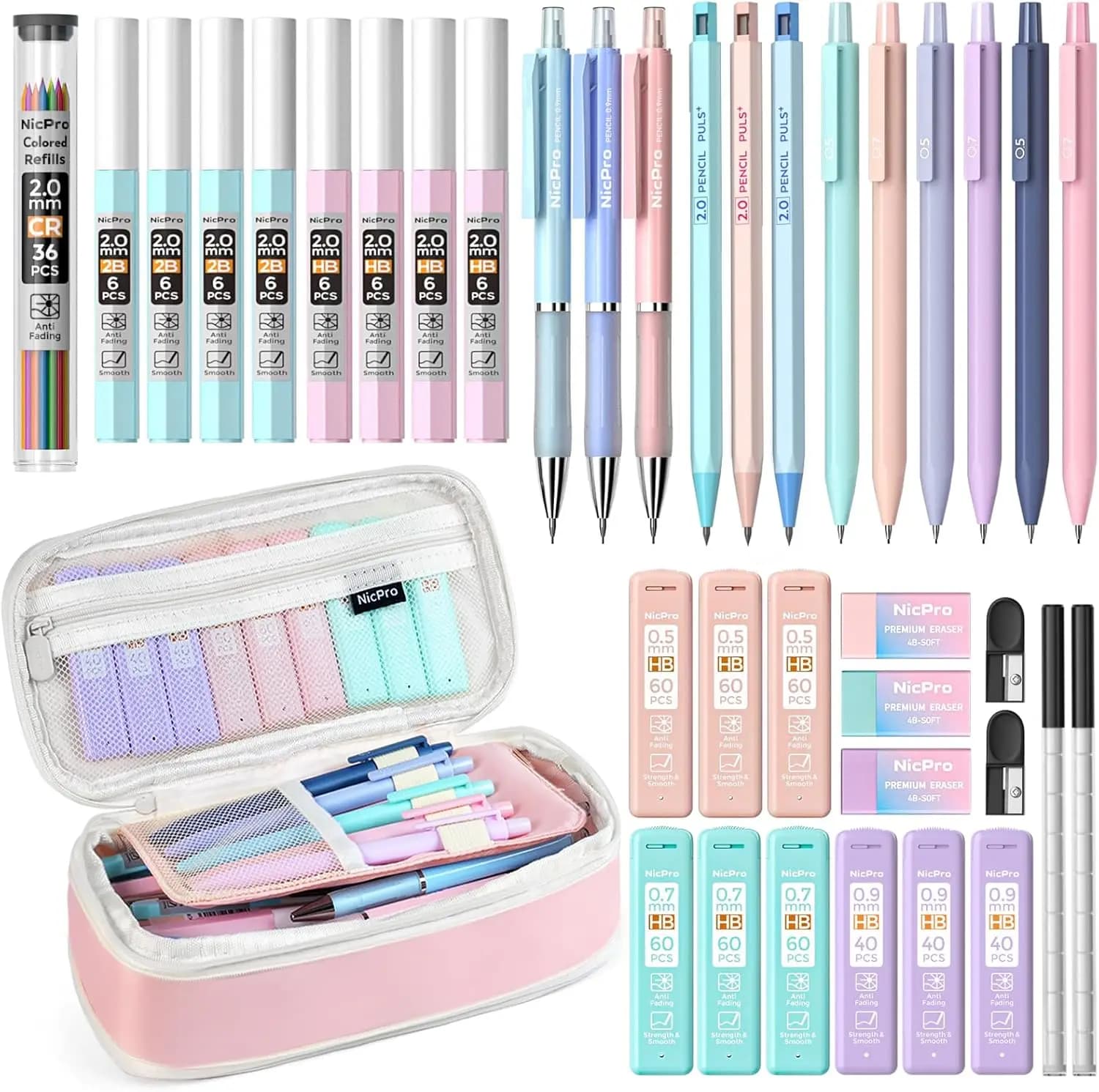Set di Matite Meccaniche Estetiche in Colori Pastello con 38 Pezzi, Punte da 0,5-2,0mm e 564 Ricariche di Mine per Scuola e Disegno - Astuccio Rosa