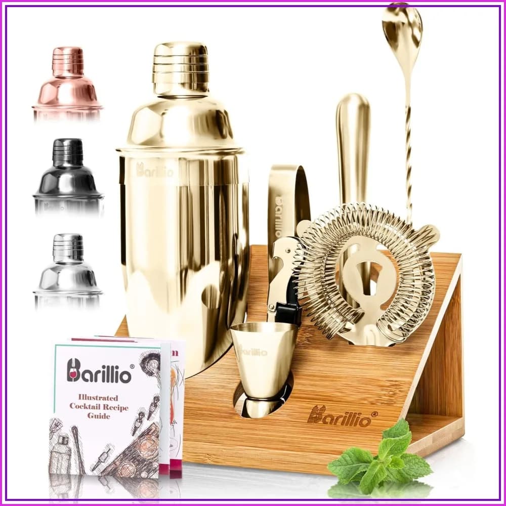 10-Piece Gold Cocktail Shaker Set with Bamboo Stand, Stainless Steel Bar Tools for Home Mixology