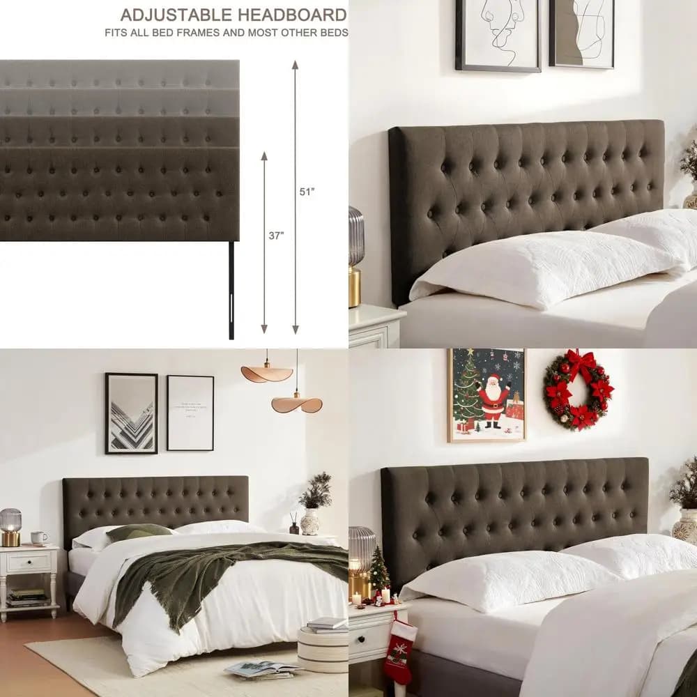 Base letto imbottita Tuted Queen Size, base in legno massello con gambe in metallo resistente, altezza regolabile da 37” a 51” abric b