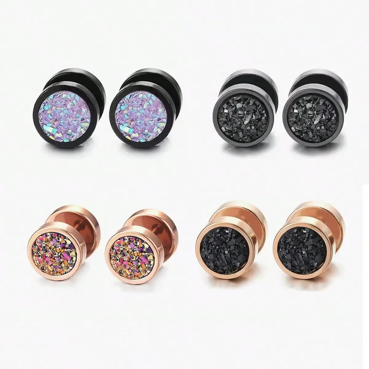 1 pair of stainless steel button earrings with mineral stone with fashionable handlebars for women and men, black punk style