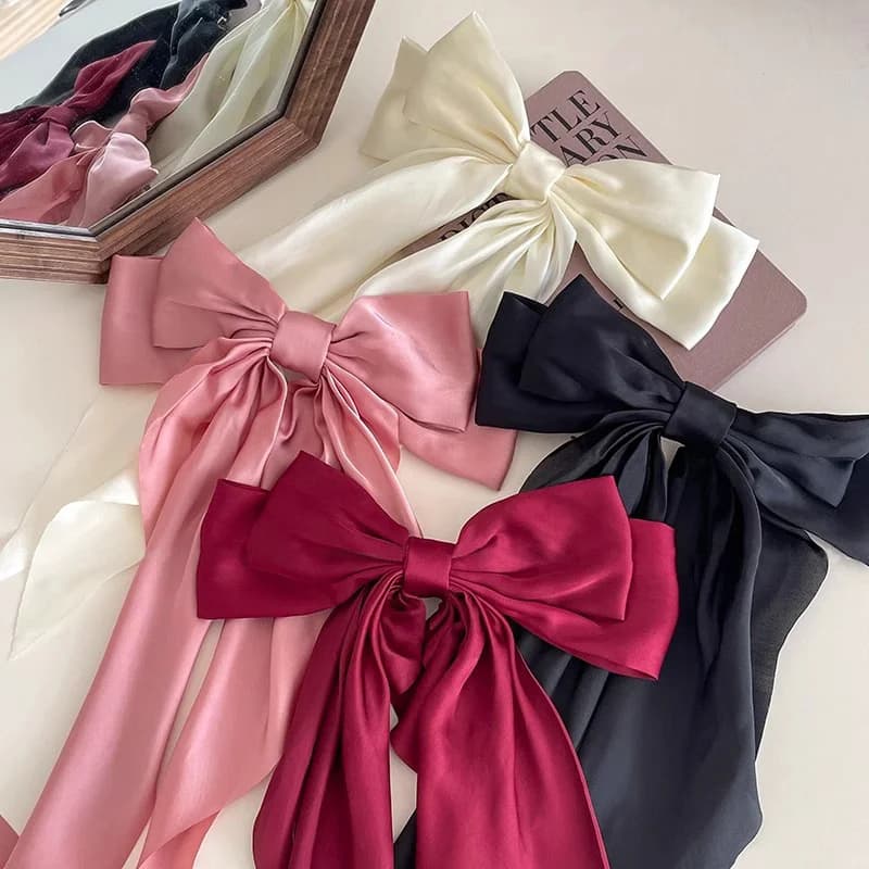 Large solid satin ribbon bows and big ladies, with oversize long tail bow, French clips, hair accessories for girls