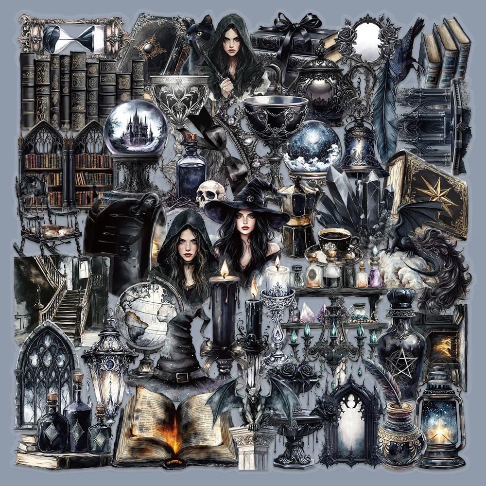 10/30/50pcs Scuro Fresco Magico Strega Adesivi Trasparenti Retro Gotico Witchy Decalcomanie per Scrapbook Laptop Chitarra Graffiti adesivo