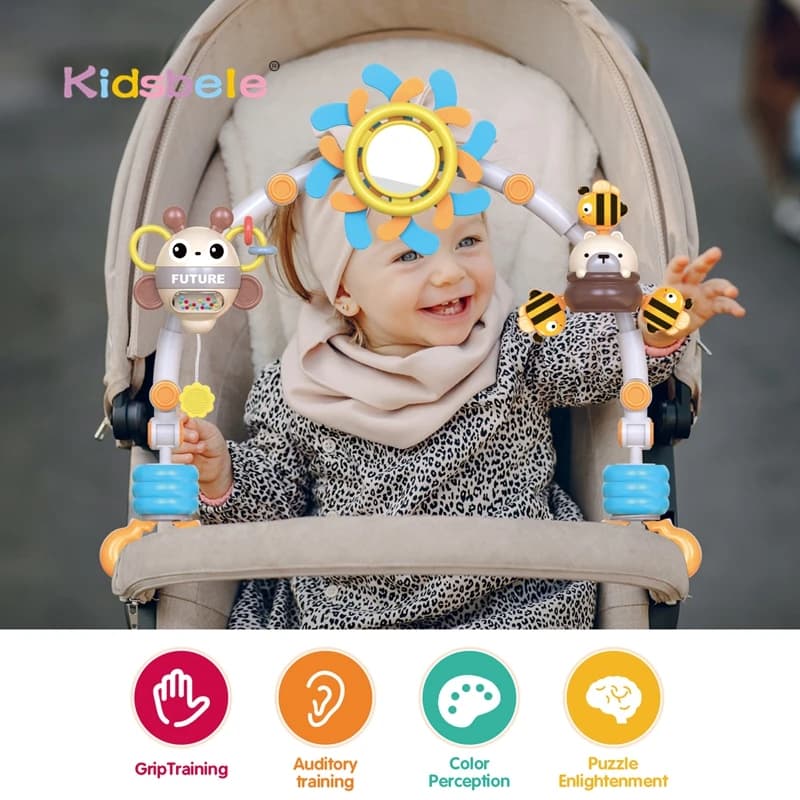 Mobile per Culla con Giocattoli Sospesi e Specchio con Sonagli, Arco Sensoriale Regolabile per Culla e Passeggino per Neonati