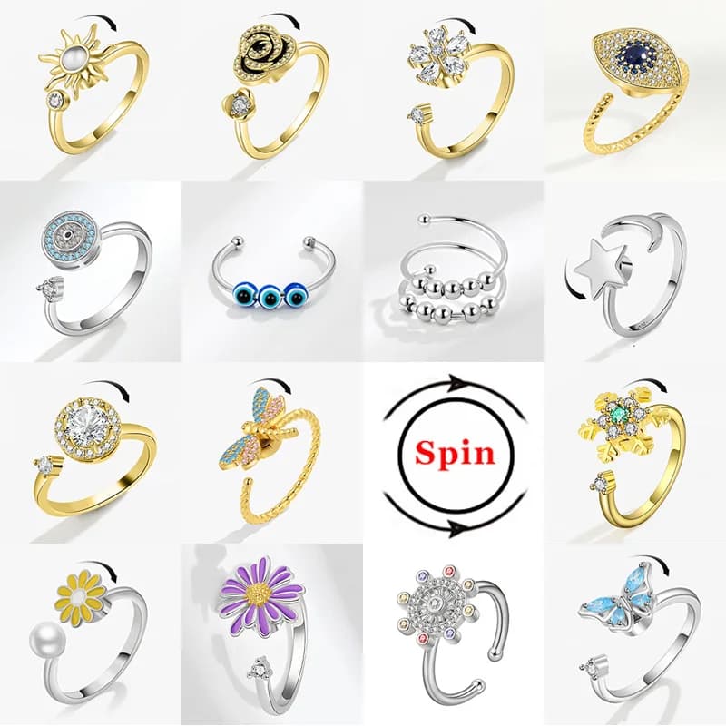 Anello Antistress di Lusso con Fidget Spinner per Donne, Anello con Cristalli a Forma di Fiore, Farfalla e Animali, Gioiello Rotante Antistress per Matrimonio