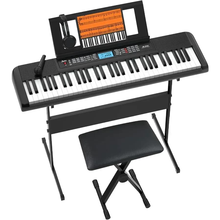 Piano elettrico portatile con schermo LCD Altoparlanti incorporati Cuffie Supporto Sgabello Riposo musicale Microfono 300 timbri 300 ritmi f