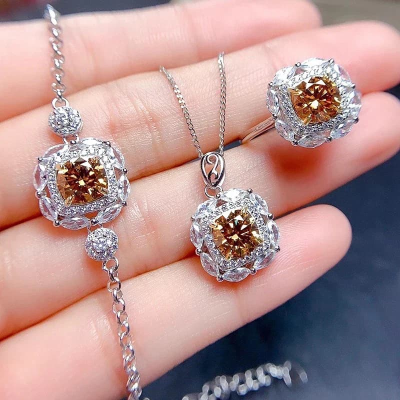 Jewellery Set with Flower of Moissanite Yellow 1 Cartoon Silver Ring 925 Bracelet with Pendant 3 pieces Wedding Dresses for Women