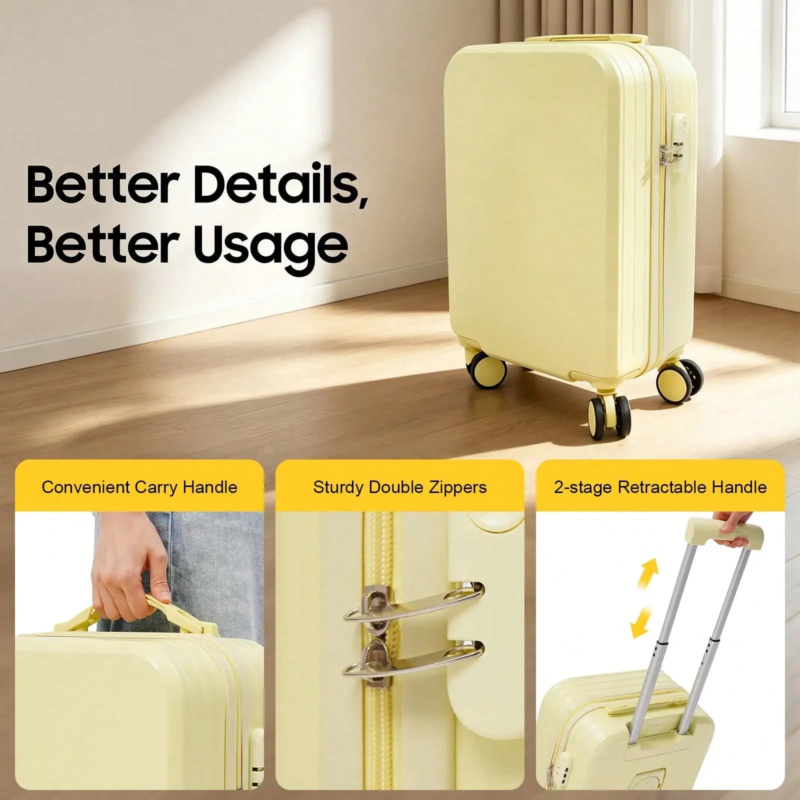 20" Carry-On Luggage With USB Port, 3-Digit Lock, 360° Shock-Absorbing Wheels, Telescopic Handle, Light Yellow Travel Suitcase For Business & Vacation