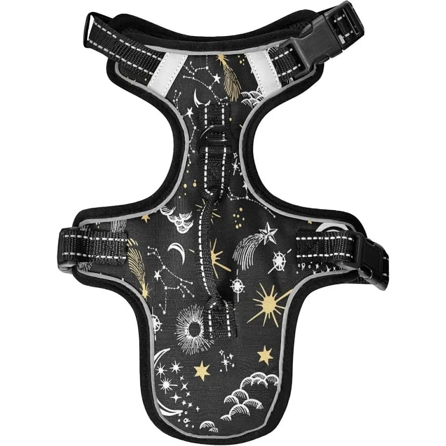 Pettorina per cani e gatti con stelle gialle e luna bianca Pettorina per animali riflettente NoPull con 2 clip per guinzaglio Cane imbottito morbido completamente regolabile V