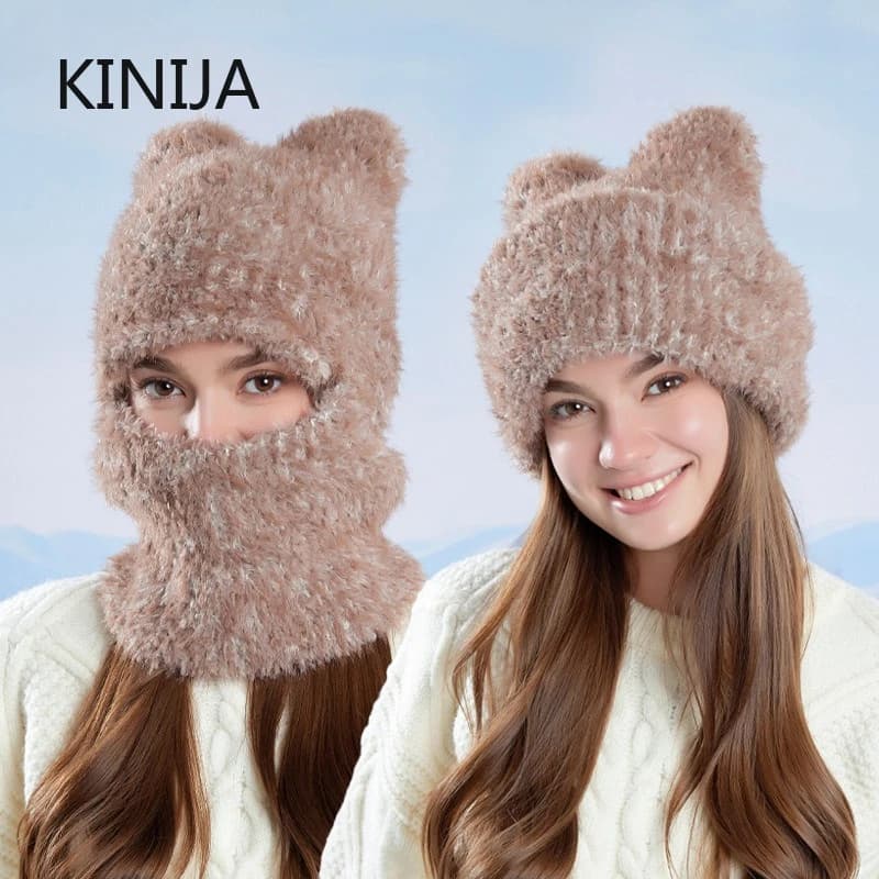 Winter Knitted Hat Ear Protection Balaclava Hat Fluffy Mask Neck Integrated Hooded Cap Outdoor Thickened Hat for Ski Cycling