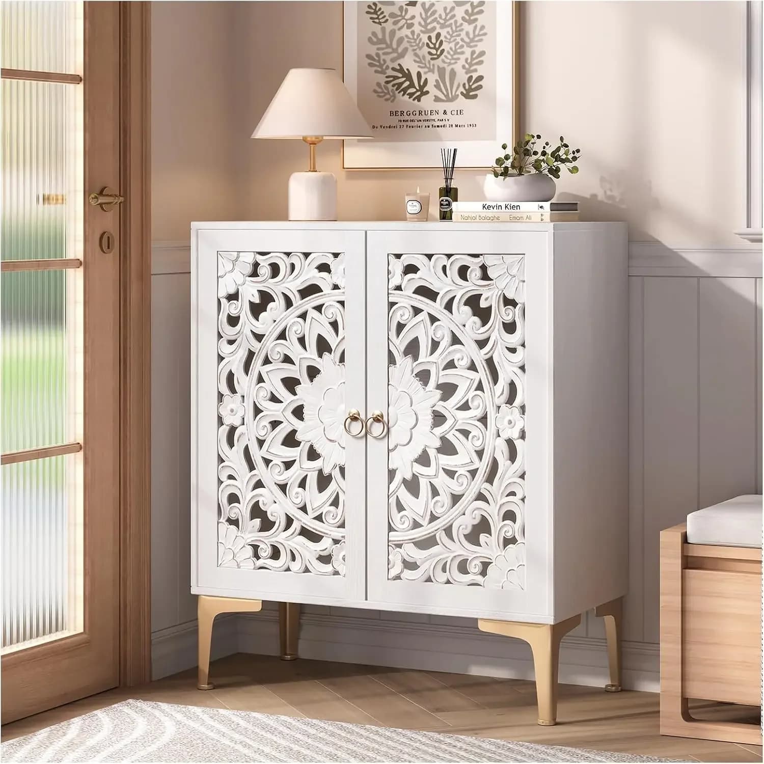 Mobiletto decorativo con ante, mobiletto portaoggetti con gambe dorate e ripiano regolabile, credenza buffet per soggiorno, ingresso, sala da pranzo