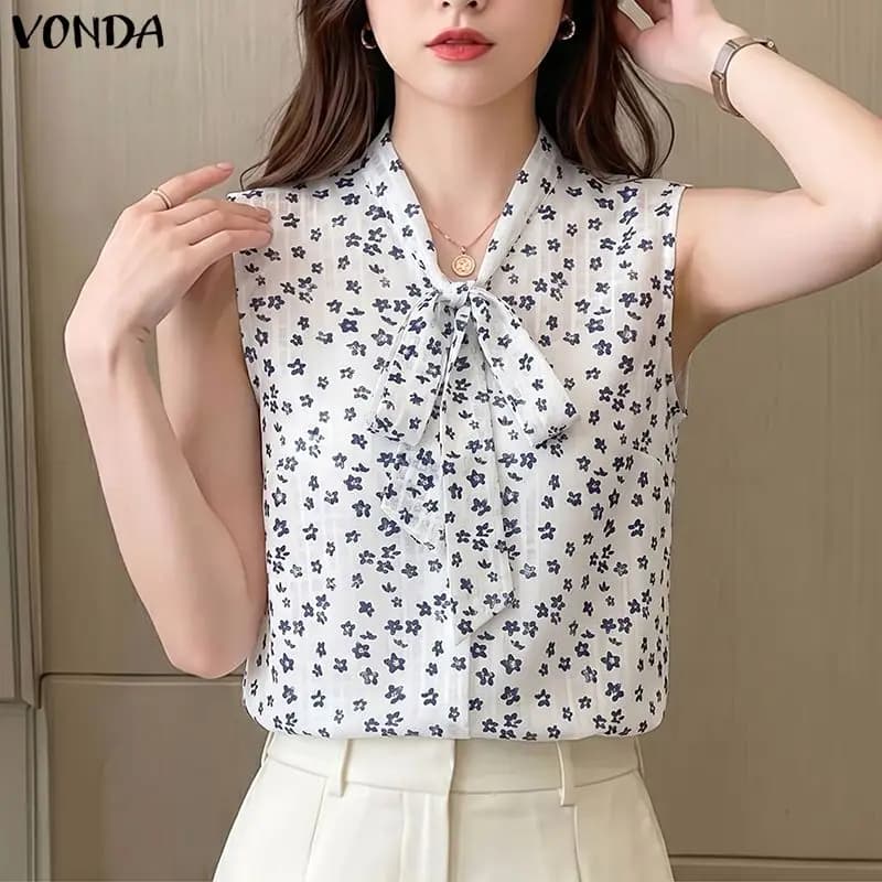 VONDA Elegant See-through Sleeveless Summer Tops Women Floral Print Blouses Lace-up Blouse V Neck Tee Transparent Blusas