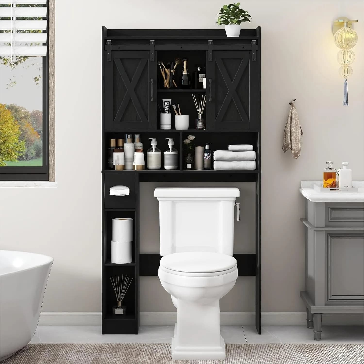 Mobiletto Salvaspazio da Bagno Sopra il WC, Porta Carta Igienica con Ante Scorrevoli Stile Rustico, Organizzatore Bagno Salvaspazio Nero