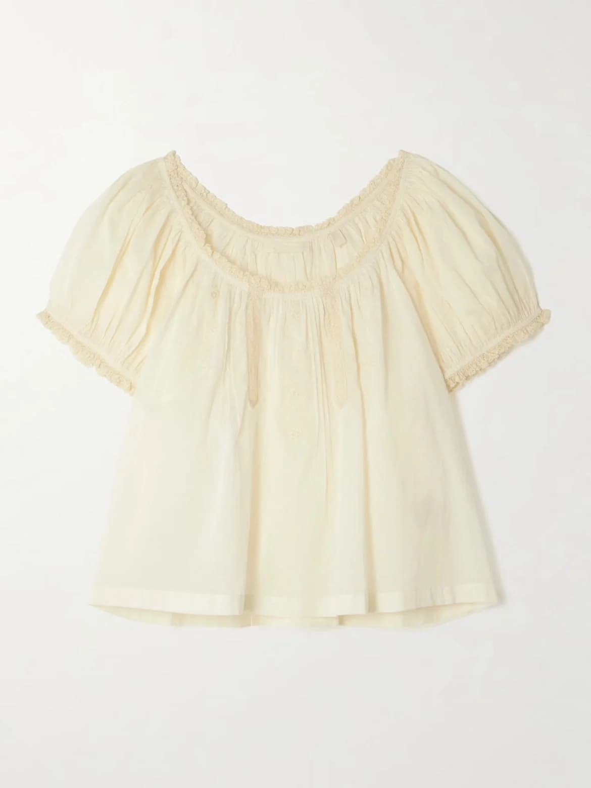 Sweet Style HEIDD DO2026 Spring Summer Short Sleeve Lace Trim Bubble Sleeve Patchwork Cotton Blouse Women's Comfortable Breat...