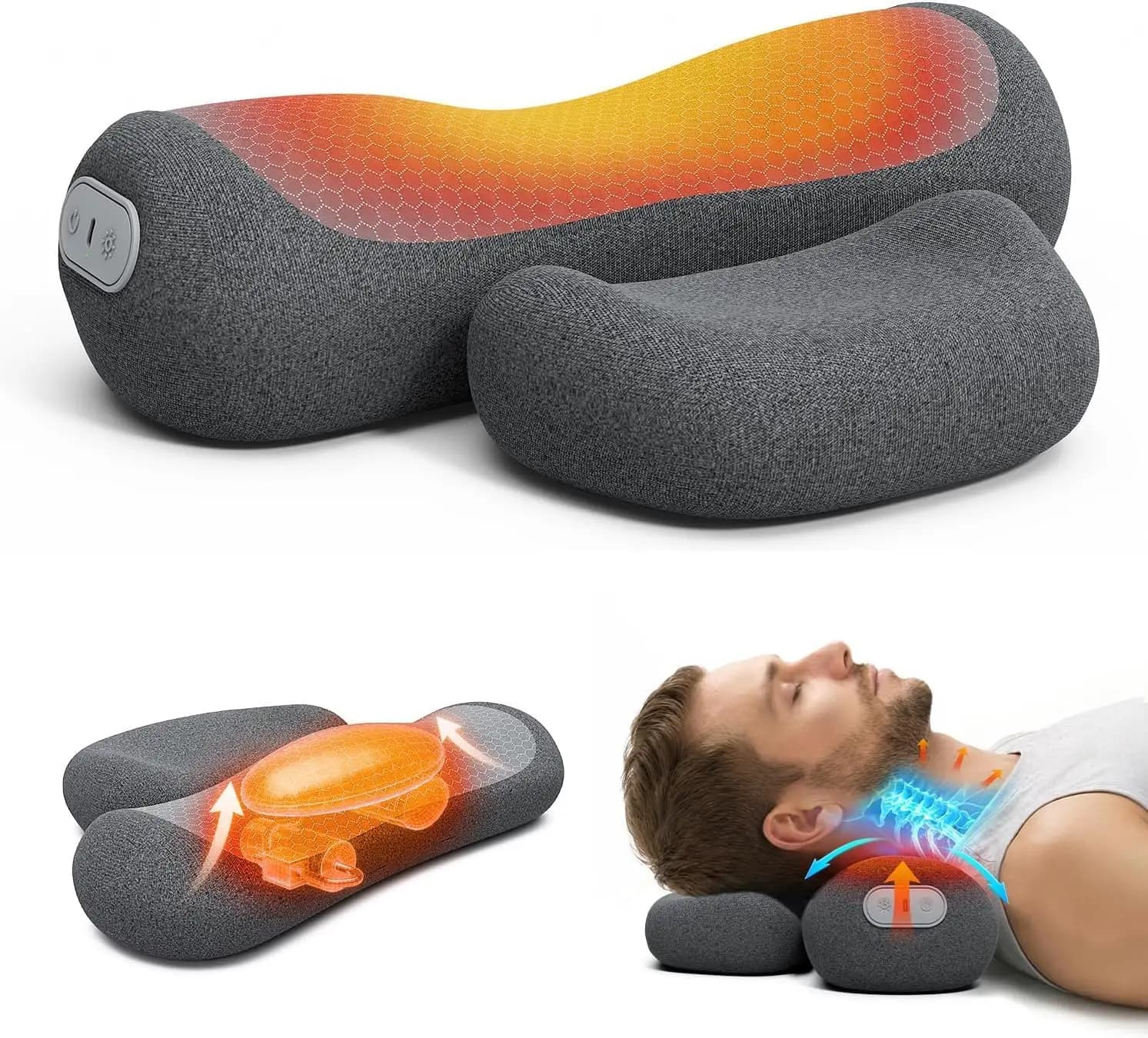 3-in-1 Cervical Neck Pillow with Heat & Airbag Compression, Ergonomic Vibration for Home, Office, Travel (Grey)