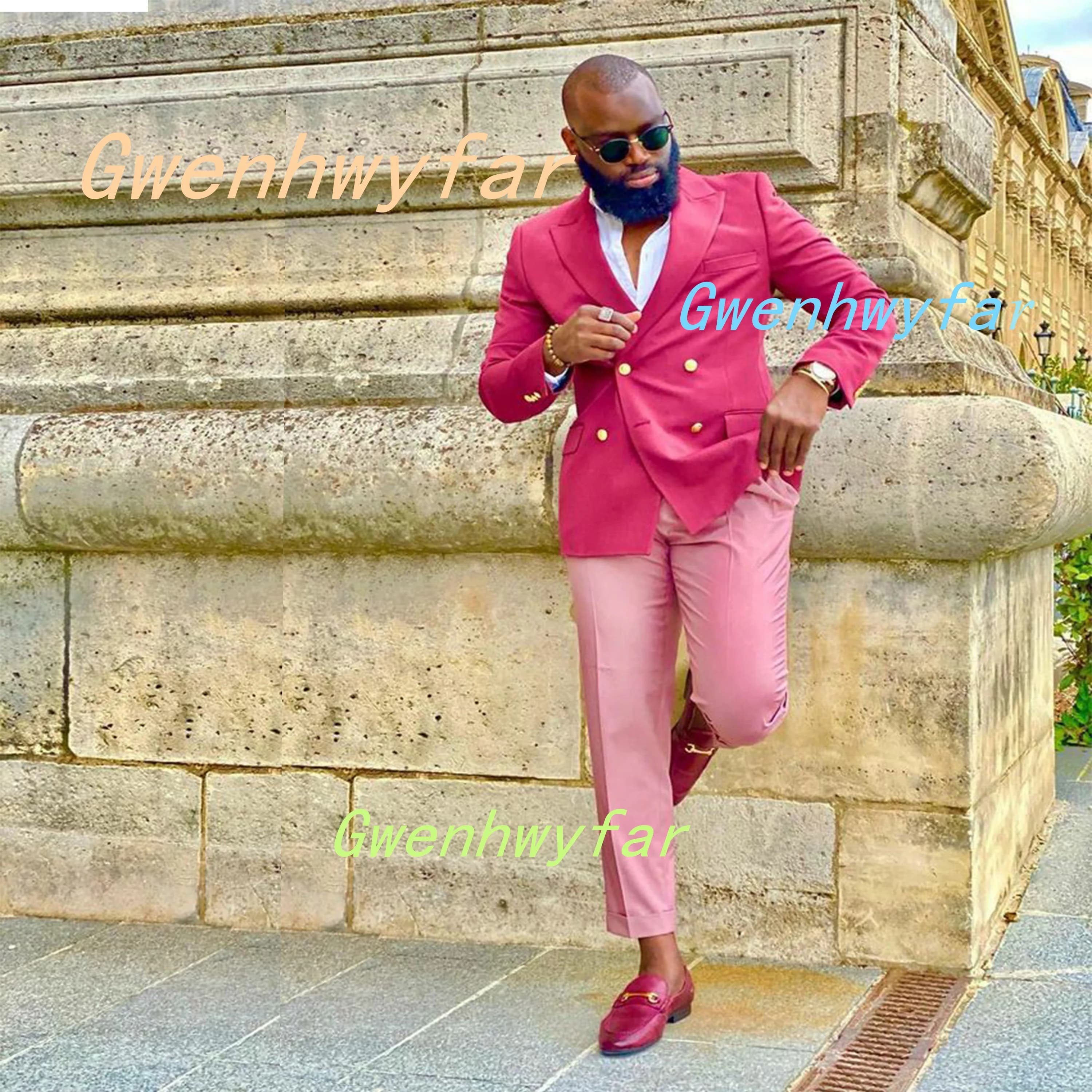 Gwenhwyfar Abito da uomo elegante in colori misti Set da 2 pezzi Giacca rosa caldo con pantaloni rosa Abito da shopping per feste alla moda per uomo