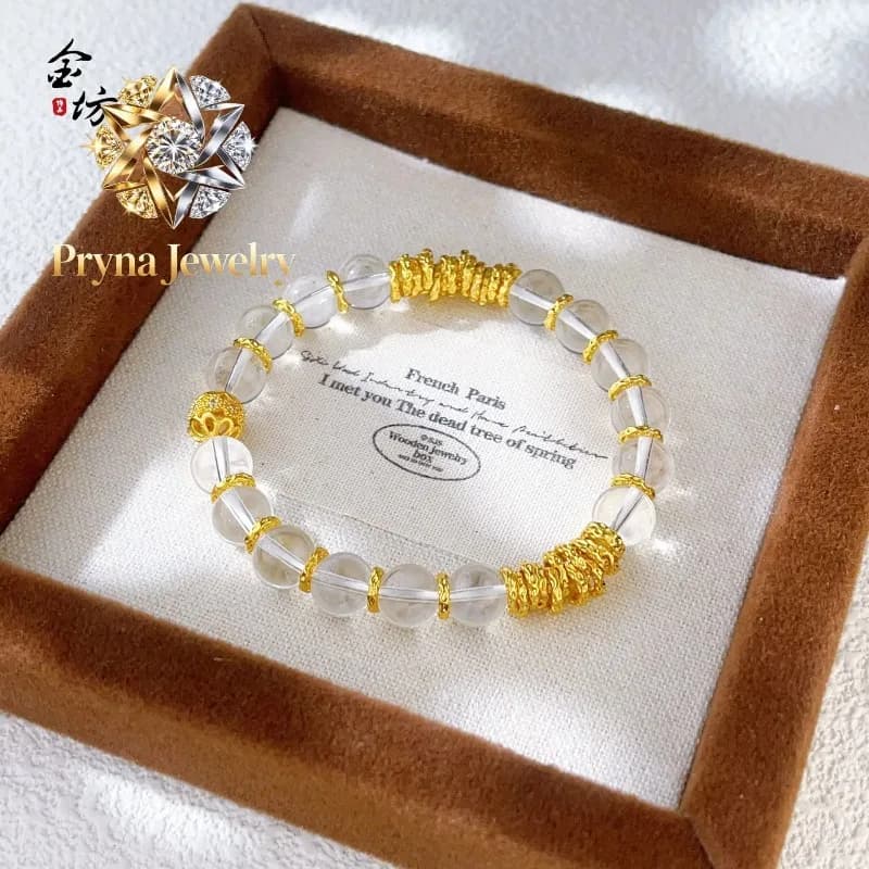 Pryna Jewelry - Bracciale con disco in oro 24K 9999 a metodo antico, con cristalli bianchi e distanziatore, design originale fai da te