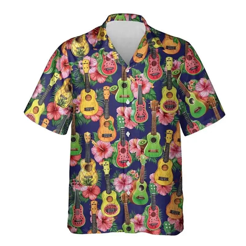 Tropical Flower Ukulele Fruit Pattern Unisex Short Sleeve Blouse Camp Collar Loose Hawaiian Summer Seaside Leisure Shirt