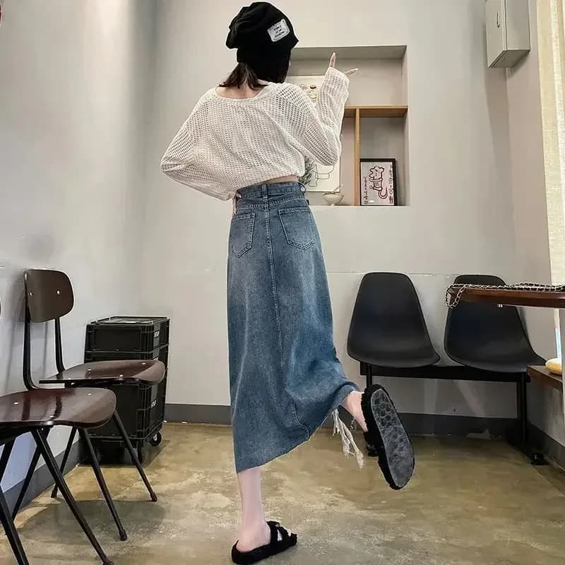 Women's high waist jeans skirt with slit female jeans torn Gonne Chic and elegant Luxury Korean Fashion Modesto Summer 2025