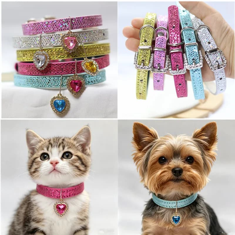 Collare per Animali Domestici con Cuore Luccicante e Strass, in Pelle PU, per Cani e Gatti, con Ciondolo, Accessorio per Toelettatura