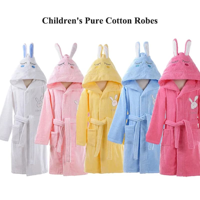 Accappatoio con Cappuccio per Bambini 100% Cotone, Design Coniglio Cartoonesco, Morbido e Caldo, con Cintura