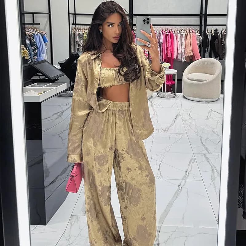 Women's Trousers Set Three Piece Striped Collar Long Sleeved Shirt Top Strapless Long Leg Pants High waist Y2k Streetwear