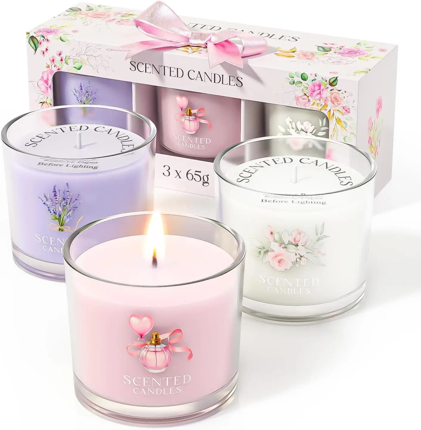 Set Regalo di 3 Candele Profumate per Alleviare lo Stress, 7 oz, Rosa+Viola+Bianco
