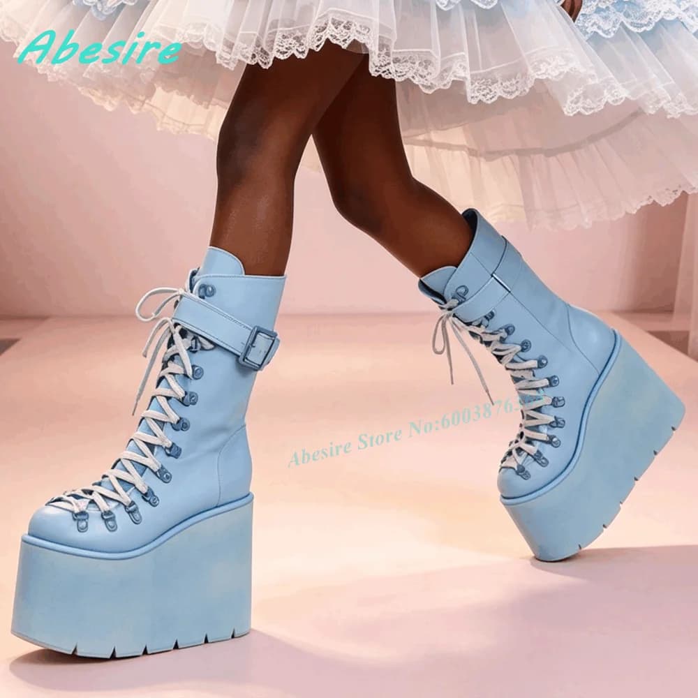 Blue Faux Leather Platform Ankle Boots Front Lace Up Ankle Buckle Strap Wedges Heel Women's Boots Gothic Punk Lolita Shoes