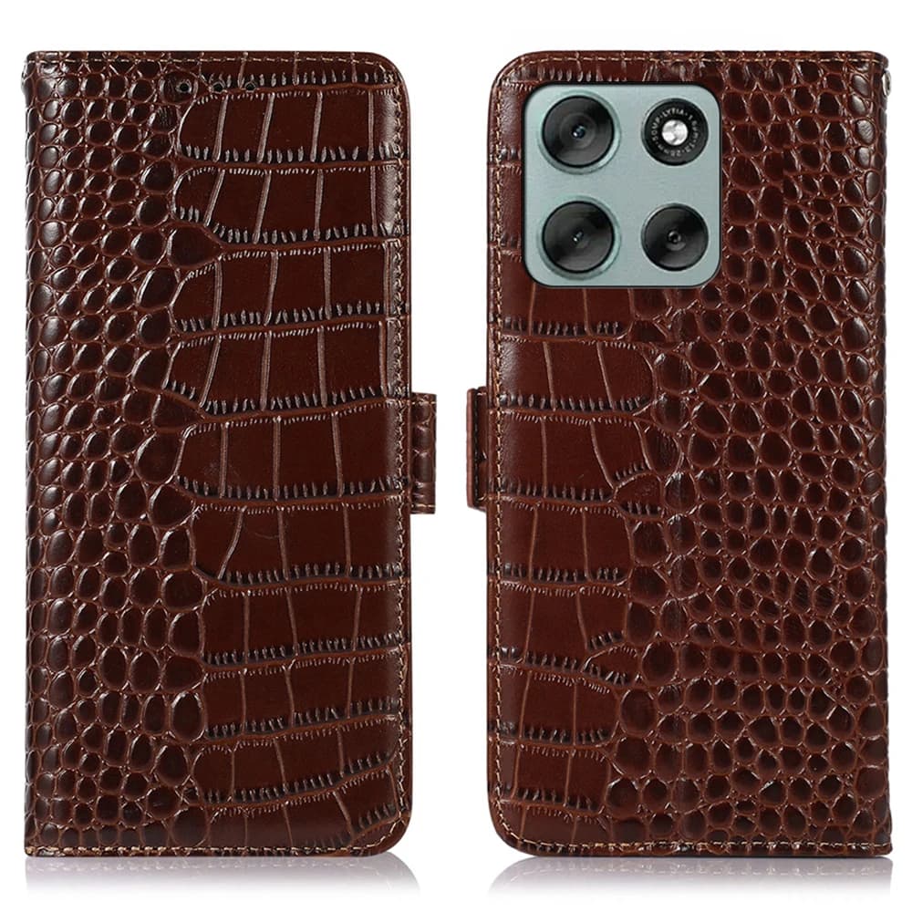 For Motorola Moto G56 5G Case RFID Blocking Wallet Crocodile Texture Genuine Cow Leather Phone Cover - Brown